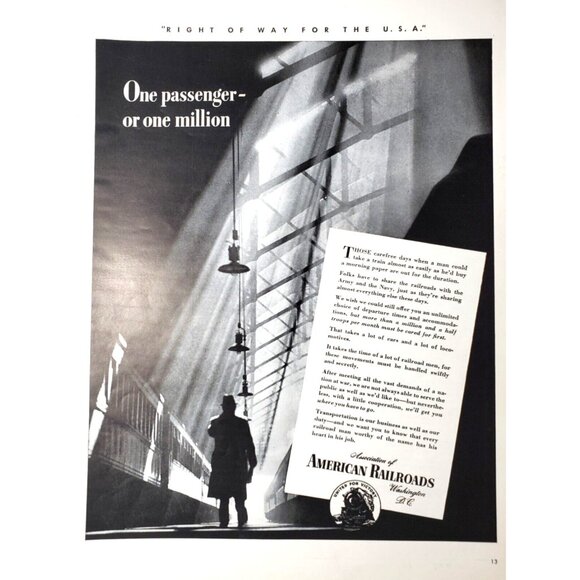 PRINT AD 1943 Assn of American Railroads Serving Troops WWII Cooperation - Picture 1 of 3